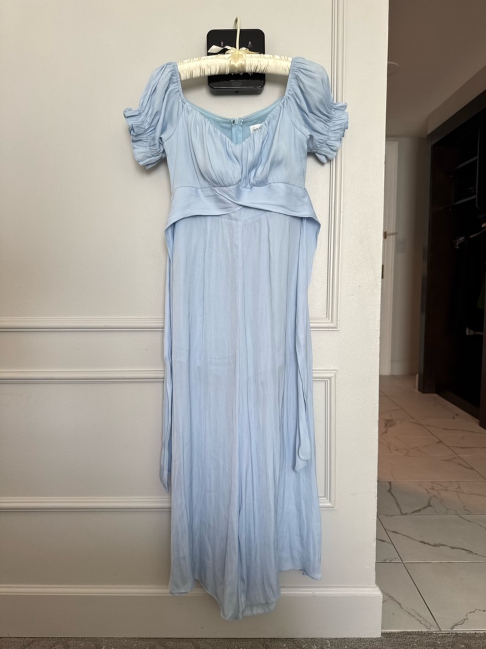 Hello Molly Ice Blue Silky Wide Leg Jumpsuit with Sash Tie Sz 4